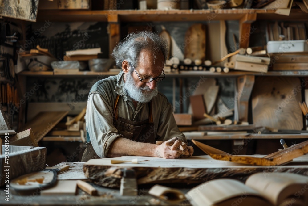 Poster a man is working on a piece of wood in a workshop. ideal for woodworking and craftsmanship projects