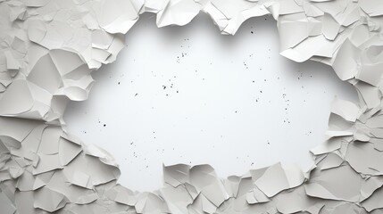 Dynamic image capturing the moment of a white wall fracturing and breaking apart, revealing a void