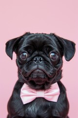 Adorable small black dog wearing a pink bow tie, perfect for pet lovers and special occasions