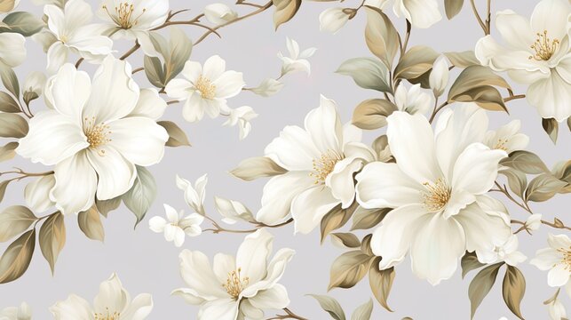 A seamless floral pattern with white flowers and elegant leaves arranged against a soft beige backdrop for a serene effect
