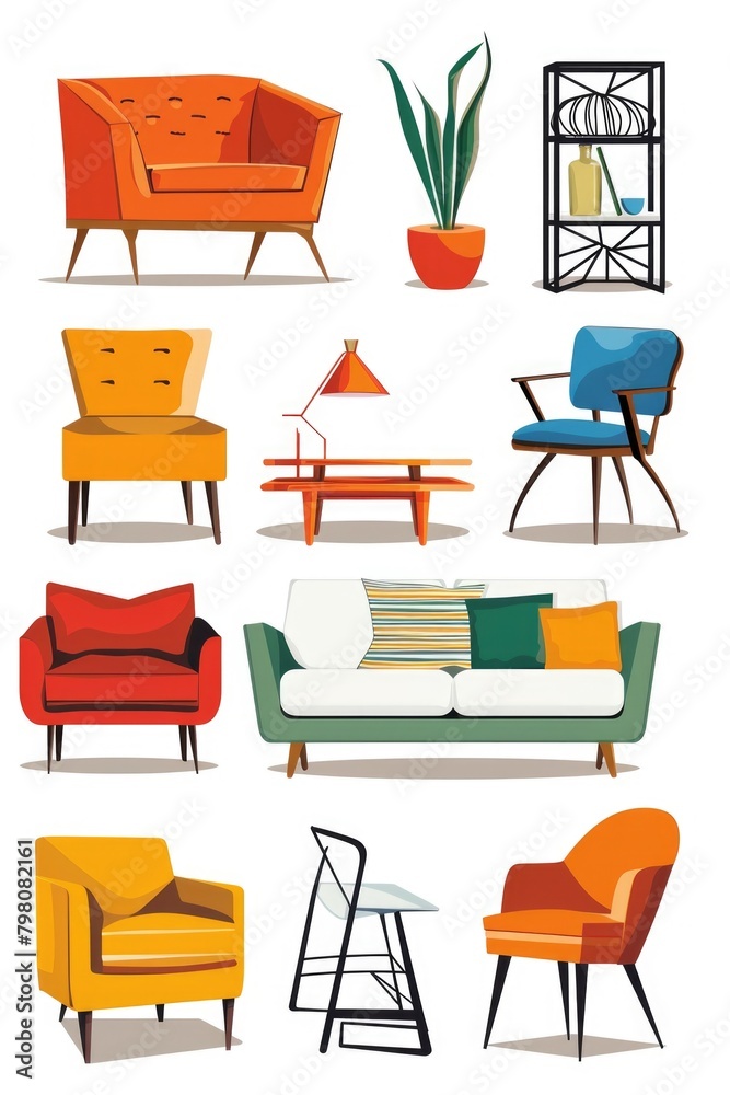 Poster collection of different types of chairs and tables. ideal for furniture store promotions