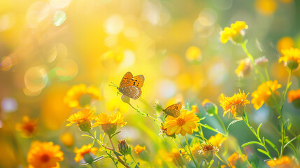 Sunny Meadow Abloom with Yellow Santolina Flowers, Fluttering Butterflies, and Nature's Macro Delight.