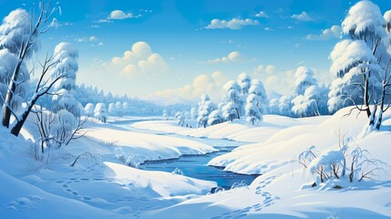 A vibrant winter landscape where a frozen river flows gently through a forest blanketed in snow, illustrating nature's stillness and beauty