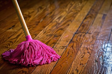 A pink mop resting on a wooden floor, suitable for household cleaning concept