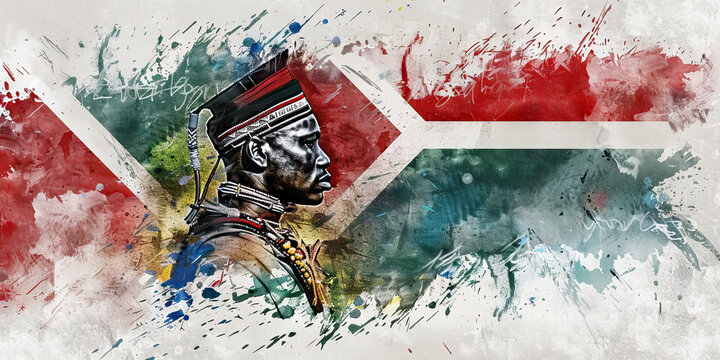 South African Flag with a Zulu Warrior and a Winemaker - Visualize the South African flag with a Zulu warrior representing South Africa's Zulu heritage and a winemaker