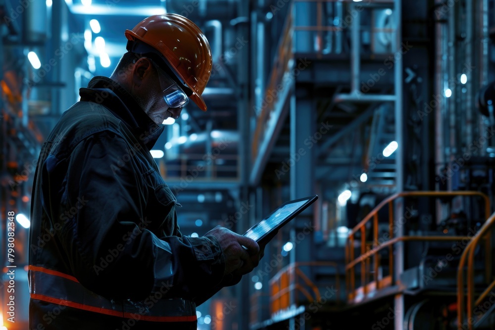Poster a man in a hard hat using a tablet. suitable for construction and technology concepts