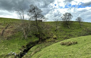 A gentle stream winds its way through the lush, undulating terrain beneath a sky dotted with scattered clouds, while trees dot the rolling hills near Green Lane, Keighley, UK.
