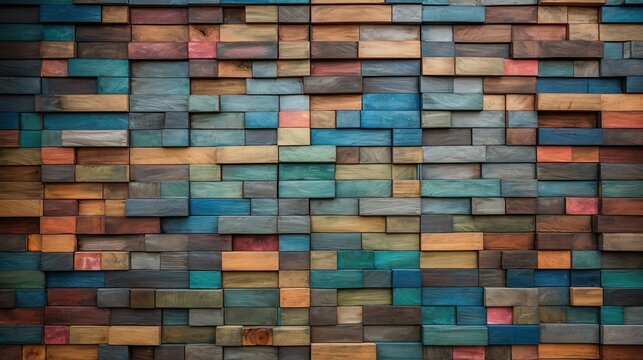 Wall of multicolored wooden blocks creating a visually striking geometric pattern, suitable for backgrounds and abstract designs