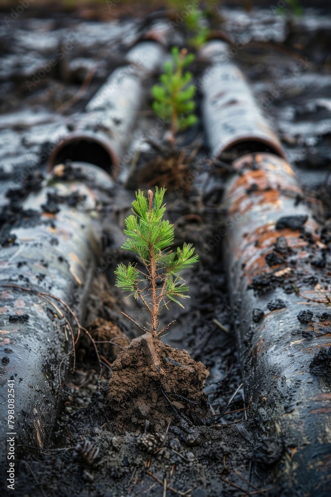 Poster A small tree emerging from a pipe, suitable for environmental concepts