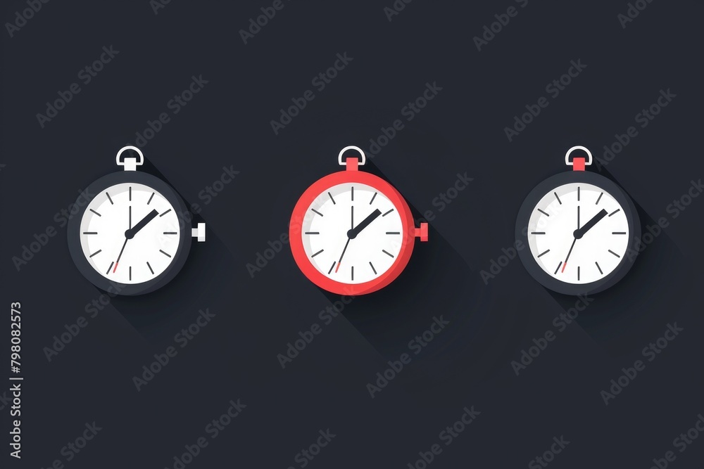 Aufkleber Three clocks with long shadows on dark background. Suitable for time management concepts