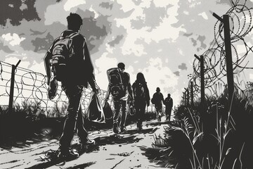 A group of people walking down a dirt road, suitable for travel and adventure concepts