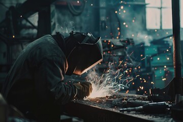 A welder working on a piece of metal. Suitable for industrial concepts