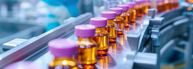 Fototapeta premium Pharmaceutical glass bottles on a production line, machinery capping the vials, foreground focused on the capping process, blurred workers in the background.