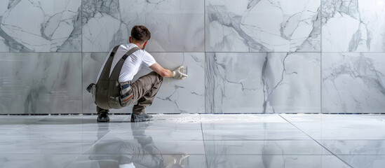 A uniformed construction worker laying ceramic tiles on a wall. Tiler, repair in the apartment, private master.