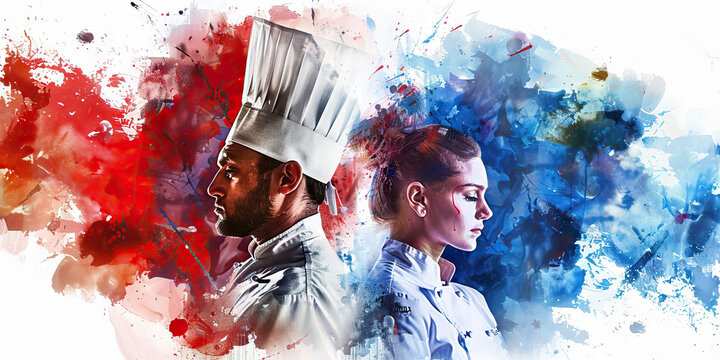 French Flag with a Chef and a Fashion Designer - Visualize the French flag with a chef representing France's culinary excellence and a fashion designer