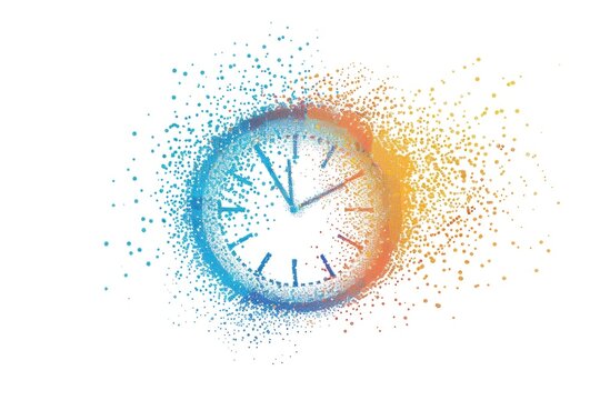 A clock with colorful paint splatters, suitable for creative projects