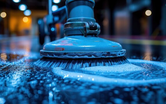 Detailed view of a blue cleaning brush on a wet surface