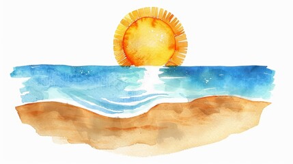 A bright sun over a sandy beach sets the scene for summer vacation in a lovely, minimal watercolor style illustration isolated on white background