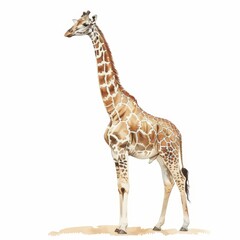 Obraz premium A giraffe stretches its long neck towards the sky, elegantly drawn in a tall, minimal watercolor style illustration isolated on white background