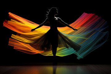 A dancer's silhouette in black with vibrant, flowing light trails
