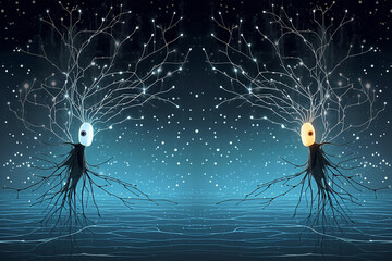 Illustration of two trees symbolizing yin and yang against a starry night backdrop