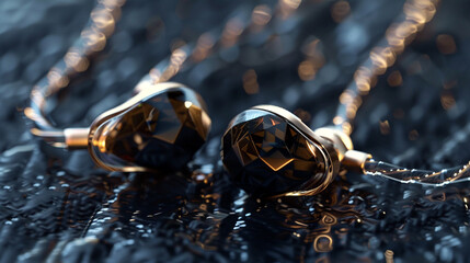 In-Ear Monitors A macro image of professional-grade in-ear monitors with detachable cables,...