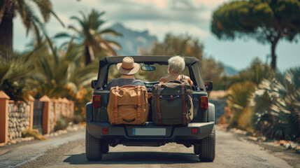 Two people in a convertible car with luggage, driving on a sunny road lined with trees, possibly on vacation or a road trip.