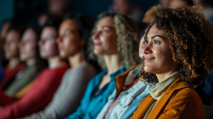 Close-up, diverse theatre audience, expressions of awe and amusement during a captivating scene, emotional connection to the performance