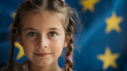 Fototapeta premium Young girl in front of the european flag