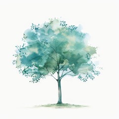 A solitary, lovely tree stands strong, its leaves fluttering gently in a clean, minimal watercolor style illustration isolated on white background
