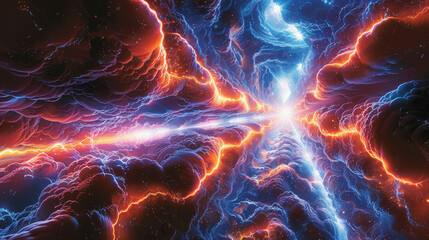 Abstract cosmic background featuring bright light at the center with blue and orange electrical energy patterns radiating outward.