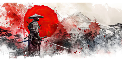 Japanese Flag with a Samurai and a Tea Ceremony Master - Picture the Japanese flag with a samurai representing Japan's warrior tradition and a tea ceremony master