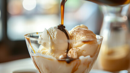 Delicate affogato dessert, espresso pouring over vanilla gelato, capturing the rich coffee merging with the melting ice cream, a favorite Italian treat