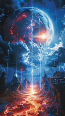 Obraz premium Futuristic landscape with a colossal glowing orb suspended above a volcanic terrain, under a starry sky with ethereal blue hues.