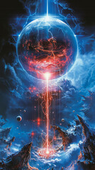 A dynamic sci-fi scene with a glowing red core, energy beams, and celestial bodies against a cosmic blue background.