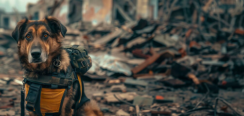 the determination in the eyes of a search and rescue dog, their vest a symbol of readiness amidst the chaos of ruins