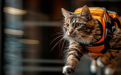 Capture the agility of an emergency cat in a harness, their movements graceful yet purposeful in the pursuit of saving lives