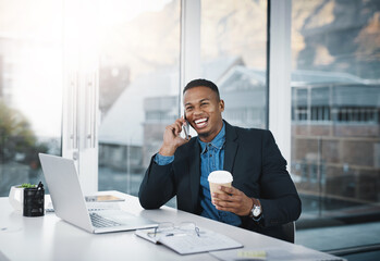 Businessman, laughing and phone call with coffee for funny joke, discussion or communication at...