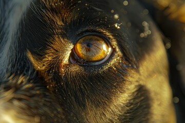 Close-up eyes of a search and rescue dog, their vest a symbol of readiness amidst the chaos of ruins