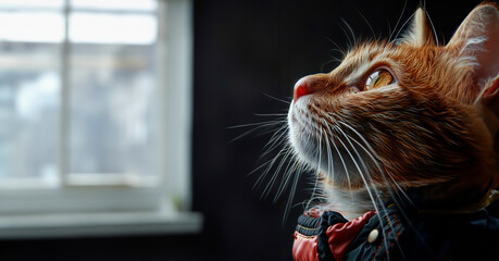 A cat wearing a shirt sits staring at something in the window. Background