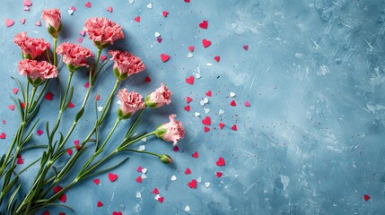 Mother's Day fashionable layout: Overhead shot of fresh carnations, sentimental message, tiny hearts, and confetti on a delicate blue surface, with blank space for words or adverts	