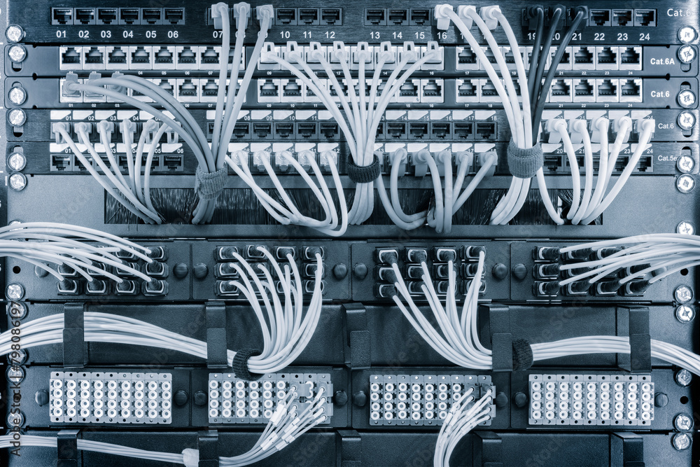 Poster telecommunication internet equipment with wires and communication blocks. telecommunication technolo