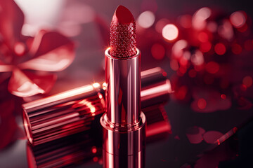 3D cosmetic illustration featuring a close-up view of a lipstick tube