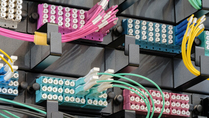 Telecommunication Internet equipment with wires and communication blocks. Telecommunication technology concept background