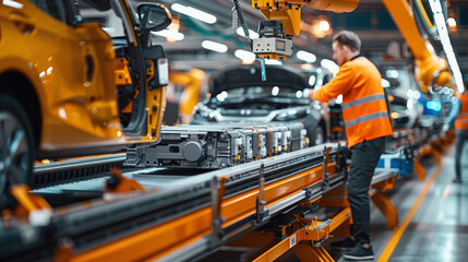 Fototapeta premium Worker oversees automated car assembly line in a modern vehicle manufacturing plant, highlighting industrial robotics and human supervision.