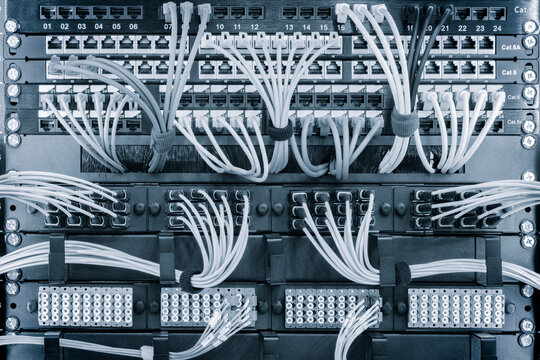 Telecommunication Internet equipment with wires and communication blocks. Telecommunication technology concept background