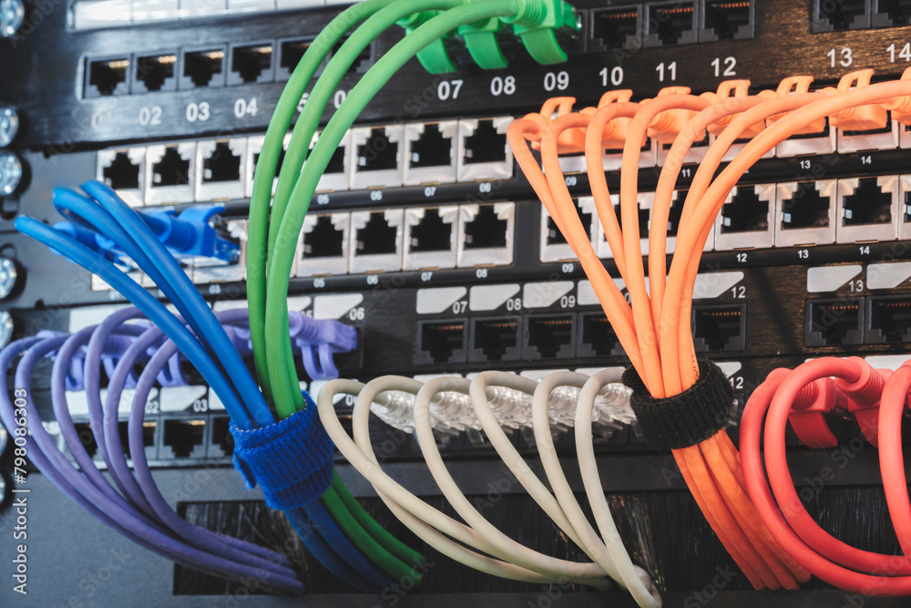 Poster telecommunication internet equipment with wires and communication blocks. telecommunication technolo