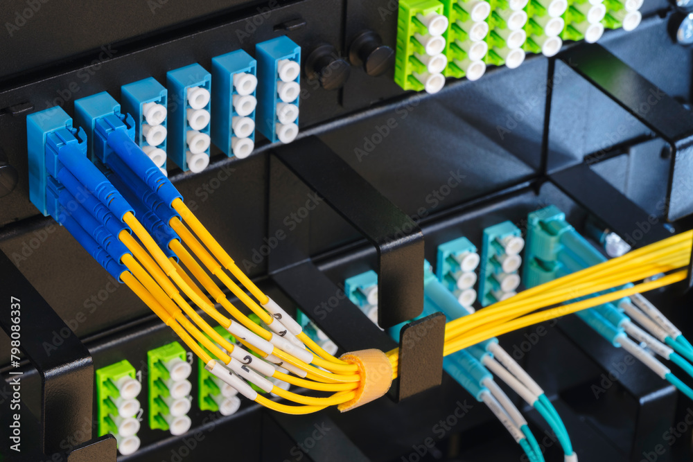 Poster telecommunication internet equipment with wires and communication blocks. telecommunication technolo