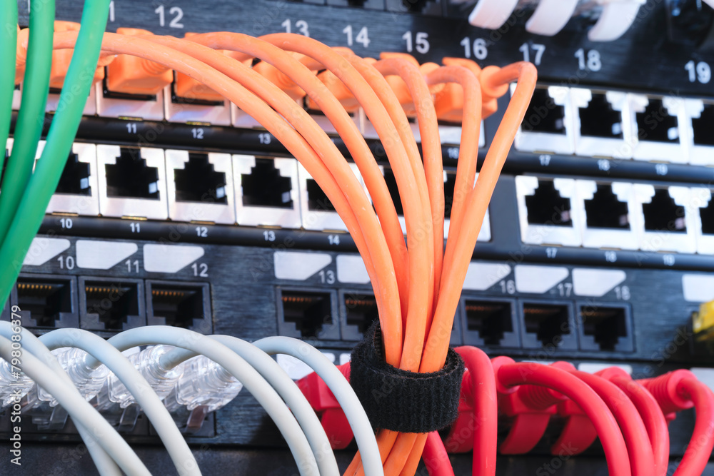 Poster telecommunication internet equipment with wires and communication blocks. telecommunication technolo