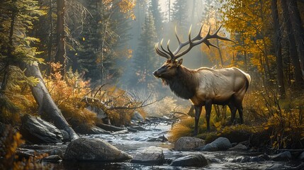 Breathtaking bull elk majestically wading through mountain stream, wildlife photography, natural beauty